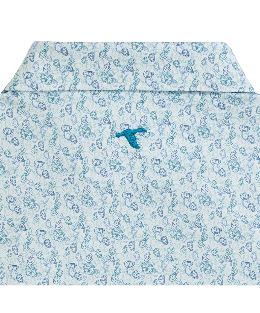 Light blue POLO with subtle OYSTER pattern and brand logo on a white background