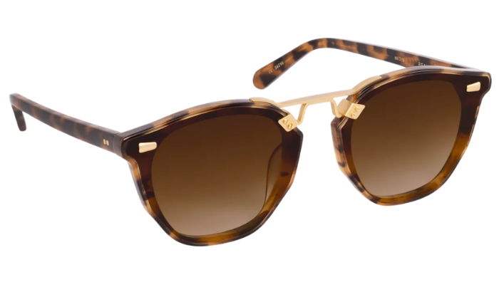 Sunglasses with tortoiseshell frame and brown gradient lenses on a white background