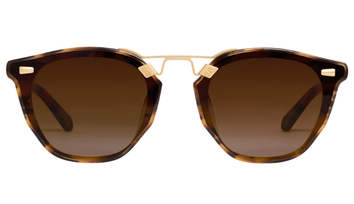 Sunglasses with tortoiseshell frame and brown gradient lenses on a white background