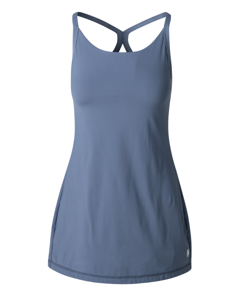 Blue HUK tank dress with thin straps on a white background