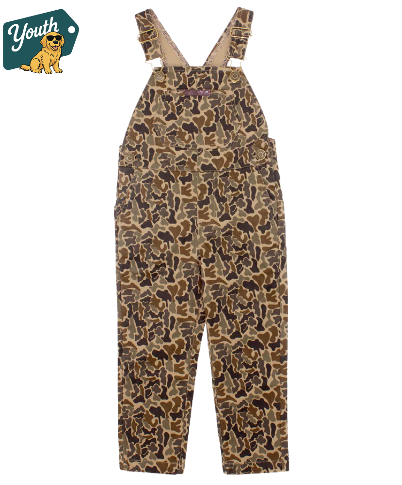BOYS camoflage print overalls on a white background with 'Youth' brand logo.