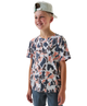 Child wearing a camo patterned t-shirt and cap on a white background