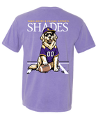 A purple short-sleeve t-shirt with a large graphic on the back. The graphic features the text 'SUNGLASSES & GUNGLASSES APPAREL SHADES' in white and yellow, with a cartoon golden retriever wearing a purple and gold football jersey and a matching cap, sitting on a football.