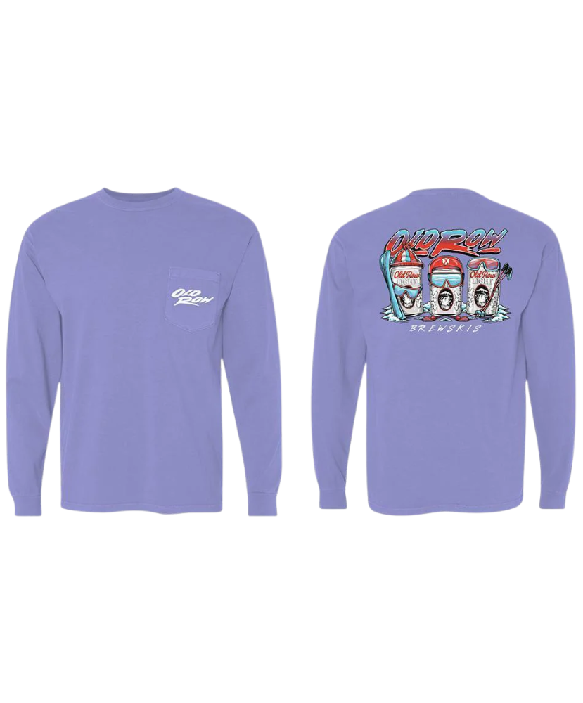 Purple long-sleeve Old Row shirt with a brewski graphic design on front and back on a white background