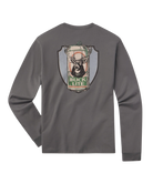Gray long-sleeve shirt with a graphic of a deer and text on a white background