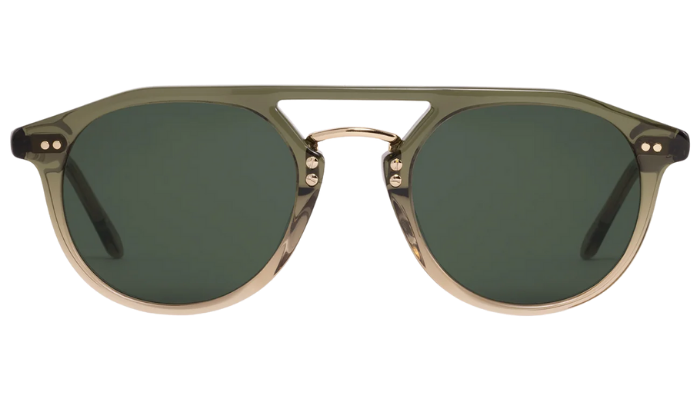 Krewe Sunglasses with green lenses and gold frame on a white background