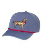 Blue cap with a Golden Retriever illustration and red rope on a white background