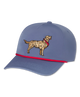 Blue cap with a Golden Retriever illustration and red rope on a white background