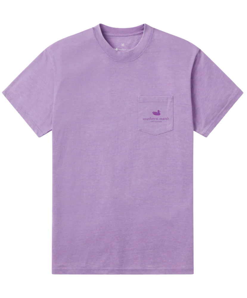 Purple Mardi Gras t-shirt with a colorful graphic of a New Orleans street scene on the back, on a white background.