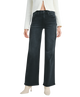 Woman wearring washed black denim pants with a high rise and wide leg