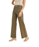 Person wearing olive green wide-leg jeans on a white background