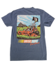 Blue t-shirt with a graphic of a skeleton driving a lawn mower and text 'Drive Fast Eat Grass' on a white background.