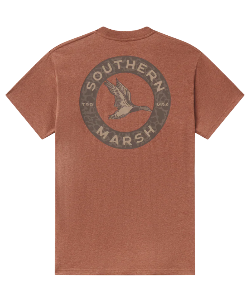 Brown t-shirt with Southern Marsh and mallard duck logo on the back against a white background