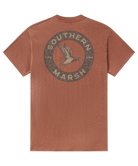 Brown t-shirt with Southern Marsh and mallard duck logo on the back against a white background