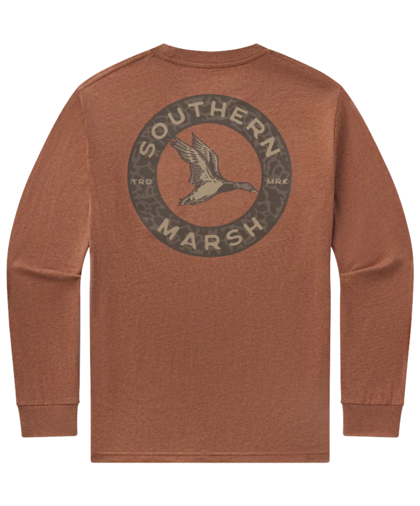 Brown long-sleeve shirt with Southern Marsh logo with a mallard duck on the back against a white background