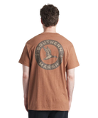 Brown t-shirt with Southern Marsh and mallard duck logo on the back against a white background