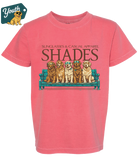 Pink t-shirt with 'SHADES' and dog graphic on a white background