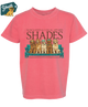 Pink t-shirt with 'SHADES' and dog graphic on a white background