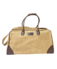 Beige duffel bag with brown accents on a white background