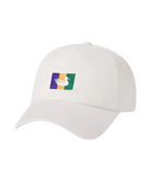MARDI GRAS White cap with a colorful logo on a white background