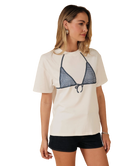 Woman wearing a white t-shirt with a blue bikini top design on a white background