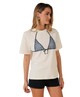 Woman wearing a white t-shirt with a blue bikini top design on a white background