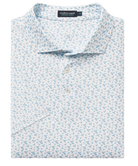 Folded polo shirt with a subtle waterfowl pattern on a white background
