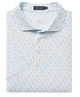 Folded polo shirt with a subtle waterfowl pattern on a white background