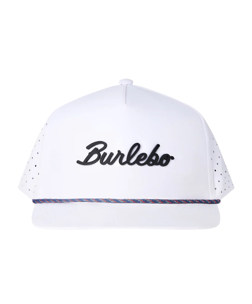 White cap with 'Burlebo' branding on a white background