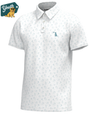White LOCAL BOY YOUTH polo shirt with subtle hunting pattern and brand logo on a white background