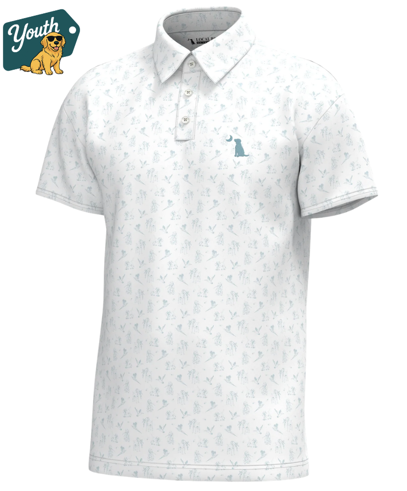 White LOCAL BOY YOUTH polo shirt with subtle hunting pattern and brand logo on a white background