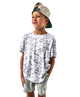 Child wearing a white camouflage t-shirt and light gray shorts on a white background