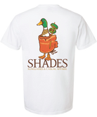 White t-shirt with a duck graphic and 'SHADES' branding on a white background