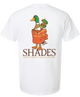 White t-shirt with a duck graphic and 'SHADES' branding on a white background