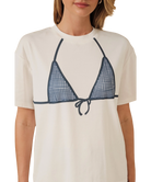 White t-shirt with navy blue bikini design worn by a person