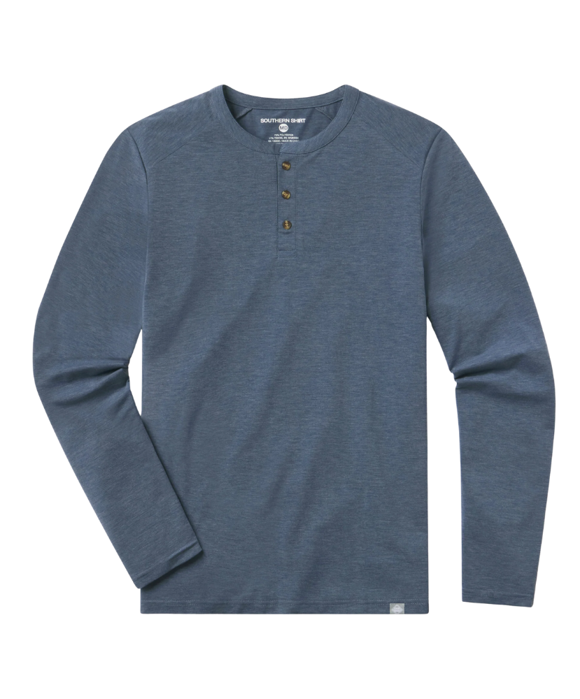 Blue long-sleeve henley shirt on a white background