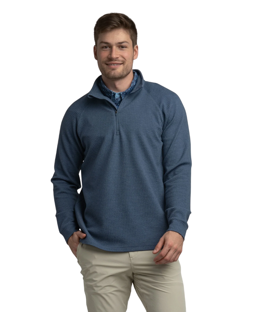 Man wearing a blue textured pullover with a white background