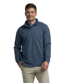 Man wearing a blue textured pullover with a white background