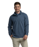 Man wearing a blue textured pullover with a white background