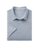 Folded blue and white striped polo shirt on a white background