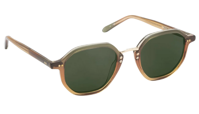 Krewe Sunglasses with gold frame and green lenses on a white background