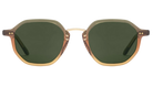 Krewe Sunglasses with gold frame and green lenses on a white background