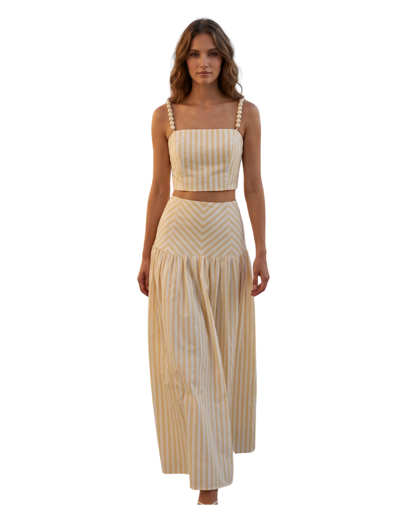 Bobbie Striped Crop Top & Maxi Skirt Set with Ball Shoulder Strap