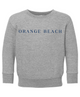 A gray toddler crewneck sweatshirt with 'ORANGE BEACH' text printed on the front.