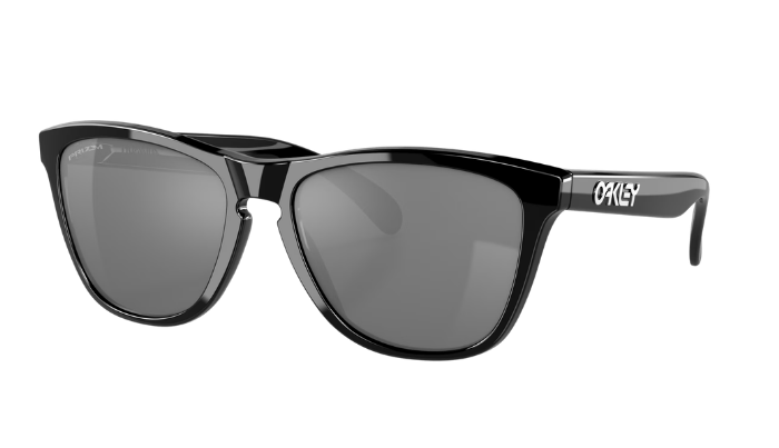 Oakley sunglasses with a glossy black acetate frame and dark gray lenses, shown from a three-quarters angle on a white background.
