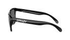 Oakley sunglasses in a glossy black acetate frame with dark lenses, shown from a side profile view against a plain white background.