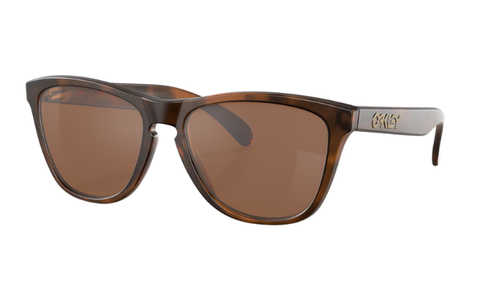 A pair of square-frame sunglasses with a translucent dark brown and amber tortoiseshell acetate frame and warm brown lenses. The brand name 'PETER LIN' is visible in gold lettering on the silver-toned temple arm.