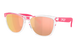 Oakley Frogskin Wayfarer-style sunglasses with a clear transparent frame, bright pink arms and bridge, and mirrored rose-gold lenses, shown on a plain white background.
