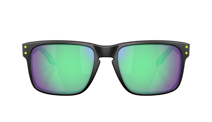 Oakley Sunglasses with green reflective lenses and black frame on a white background