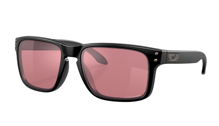 Oakley Sunglasses with black frame and pink lenses on a white background